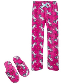 Sleep & Co Girls' Pajamas - Fleece Lounge Pants, Slippers: Puppies, Pandas, Unicorns (5-16)