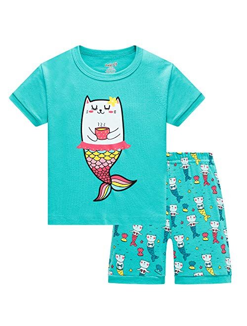 Ambereft Pajamas for Girls Cotton Kids Clothes Animals Sleepwear Children Short Sleeve PJs Set 2-12 Years