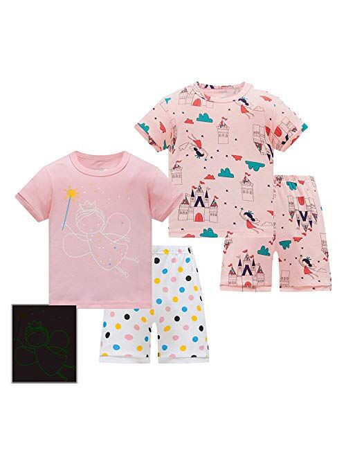 Ambereft Pajamas for Girls Cotton Kids Clothes Animals Sleepwear Children Short Sleeve PJs Set 2-12 Years