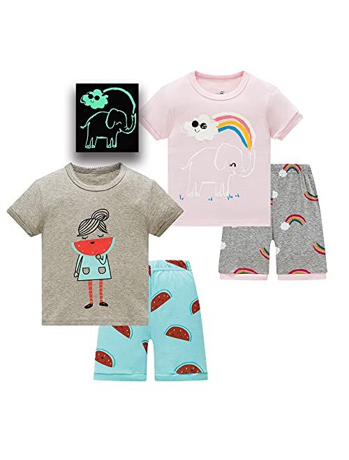 Ambereft Pajamas for Girls Cotton Kids Clothes Animals Sleepwear Children Short Sleeve PJs Set 2-12 Years