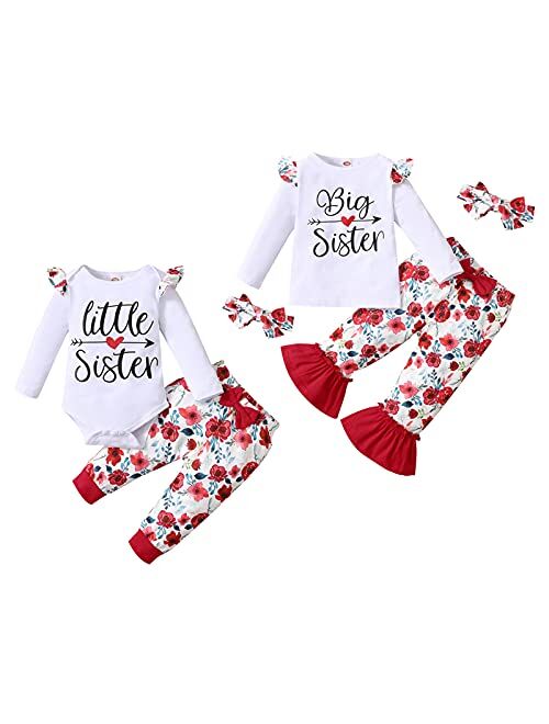 Grnshts Baby Girl Sister Matching Outfits Little Big Sister Letter Ruffle Romper Top+Floral Pants+Headband 3Pcs Clothes