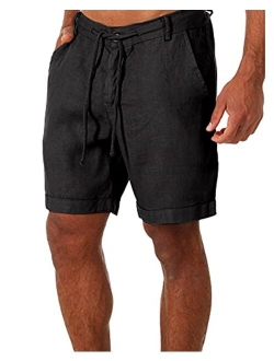 ZIWOCH Men's Linen Casual Classic Shorts Elastic Waist Summer Beach Lightweight Board Slim-Fit with Pockets