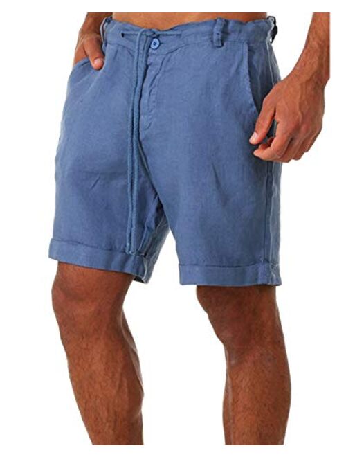 ZIWOCH Men's Linen Casual Classic Shorts Elastic Waist Summer Beach Lightweight Board Slim-Fit with Pockets