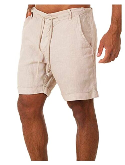 ZIWOCH Men's Linen Casual Classic Shorts Elastic Waist Summer Beach Lightweight Board Slim-Fit with Pockets