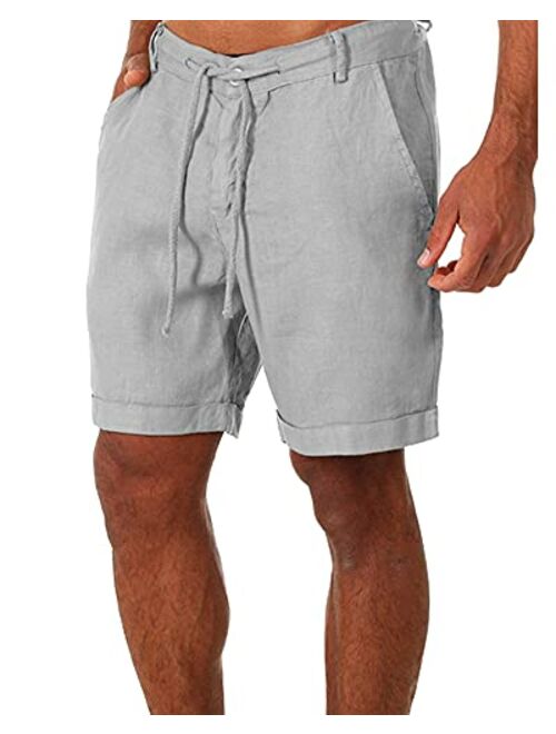 ZIWOCH Men's Linen Casual Classic Shorts Elastic Waist Summer Beach Lightweight Board Slim-Fit with Pockets