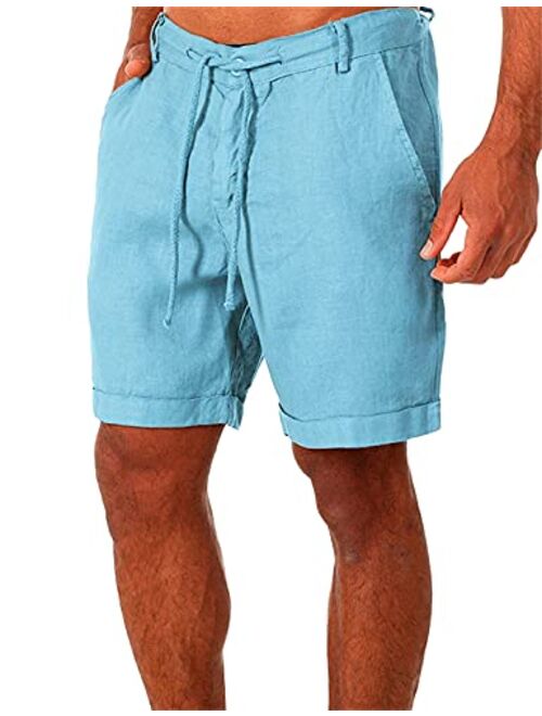 Generic Linen Cotton Athletic Shorts for Men Summer Lightweight Board Slim-Fit Shorts Lacing Waist Short Pants with Pockets