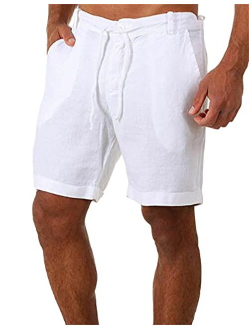 Generic Linen Cotton Athletic Shorts for Men Summer Lightweight Board Slim-Fit Shorts Lacing Waist Short Pants with Pockets