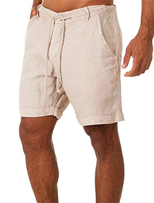 Generic Linen Cotton Athletic Shorts for Men Summer Lightweight Board Slim-Fit Shorts Lacing Waist Short Pants with Pockets