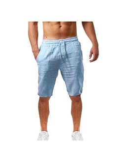 LEIYAN Mens Cotton Linen Shorts Casual Stretch Waist Drawstring Capri Yoga Shorts Active Workout Lounge Shorts