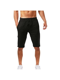 LEIYAN Mens Cotton Linen Shorts Casual Stretch Waist Drawstring Capri Yoga Shorts Active Workout Lounge Shorts