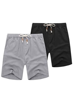 Men's Linen Shorts Casual Elastic Waist Drawstring Summer Beach Shorts