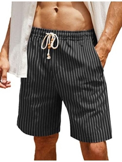 Men's Linen Shorts Casual Elastic Waist Drawstring Summer Beach Shorts