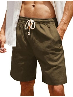 Men's Linen Shorts Casual Elastic Waist Drawstring Summer Beach Shorts