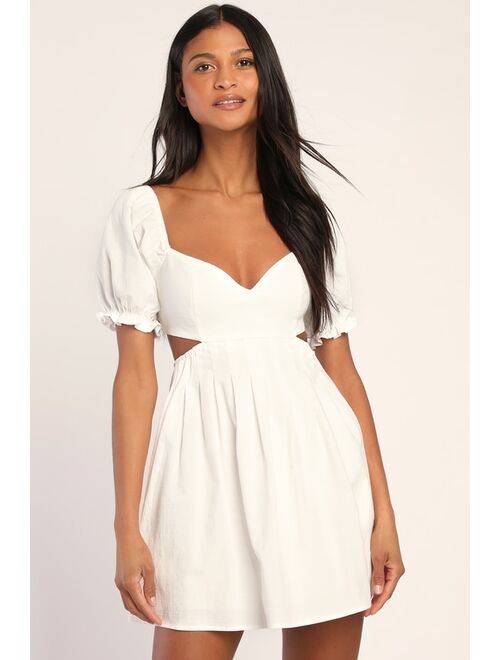 Lulus Love the Feeling White Puff Sleeve Lace-Up Cutout Mini Dress