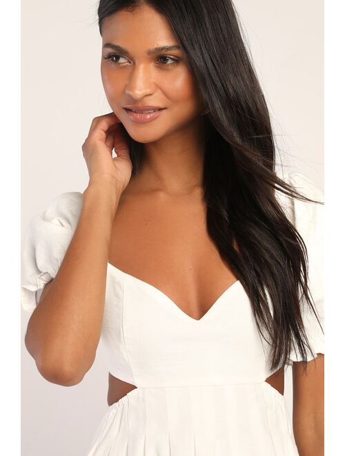 Lulus Love the Feeling White Puff Sleeve Lace-Up Cutout Mini Dress