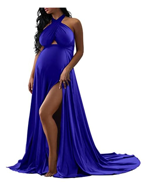 Kentysill Maternity Maxi Dress for Photoshoot Babyshower Multi-Way Criss Cross Halter Neck Evening Wedding Bridesmaid Gown