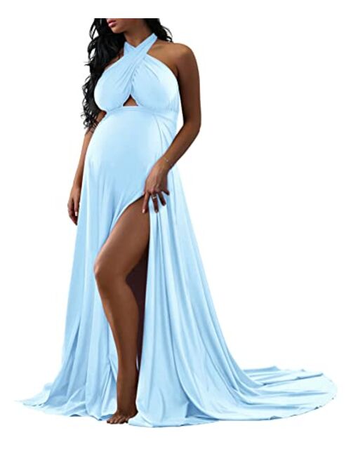 Kentysill Maternity Maxi Dress for Photoshoot Babyshower Multi-Way Criss Cross Halter Neck Evening Wedding Bridesmaid Gown