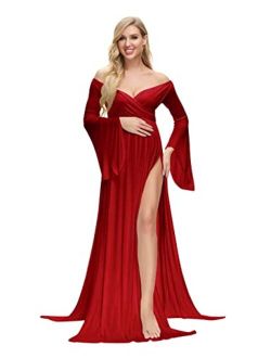 VSNOW Maternity Off Shoulder Long Flare Sleeve Maxi Photography Dress Side Split for Photo Shoot Prop