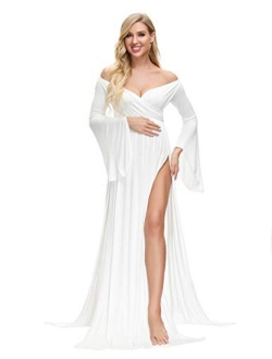 VSNOW Maternity Off Shoulder Long Flare Sleeve Maxi Photography Dress Side Split for Photo Shoot Prop