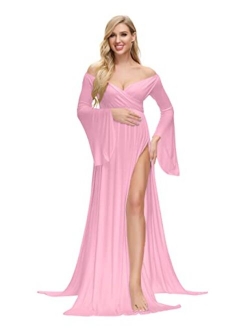 VSNOW Maternity Off Shoulder Long Flare Sleeve Maxi Photography Dress Side Split for Photo Shoot Prop