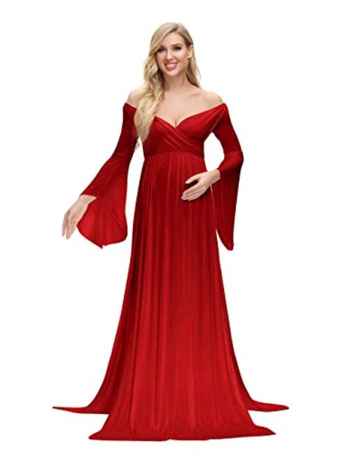 VSNOW Maternity Off Shoulder Long Flare Sleeve Maxi Photography Dress Side Split for Photo Shoot Prop