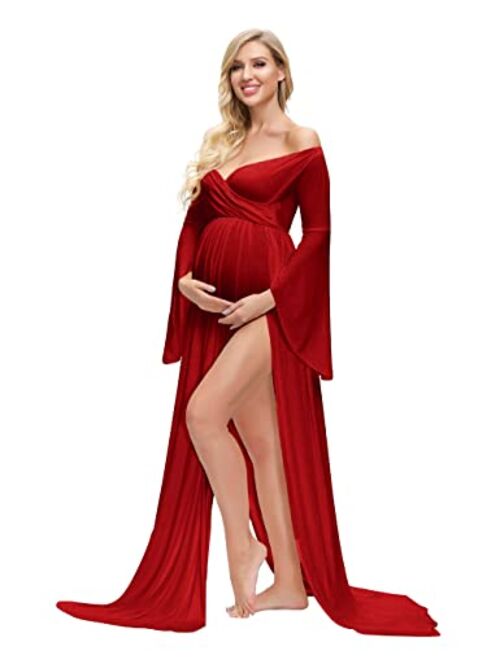 VSNOW Maternity Off Shoulder Long Flare Sleeve Maxi Photography Dress Side Split for Photo Shoot Prop