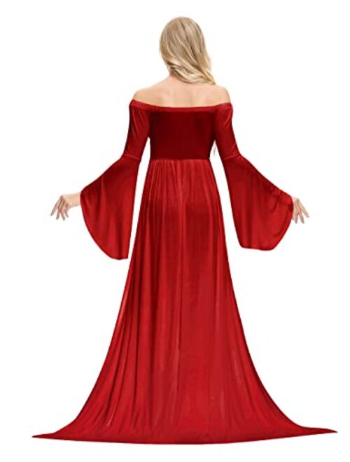 VSNOW Maternity Off Shoulder Long Flare Sleeve Maxi Photography Dress Side Split for Photo Shoot Prop