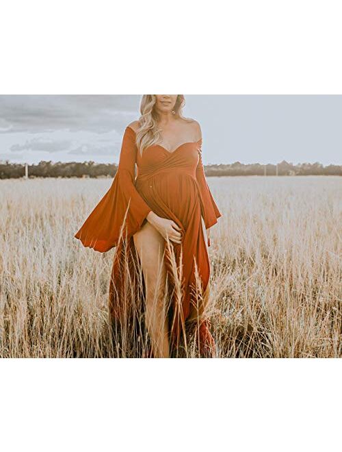 VSNOW Maternity Off Shoulder Long Flare Sleeve Maxi Photography Dress Side Split for Photo Shoot Prop