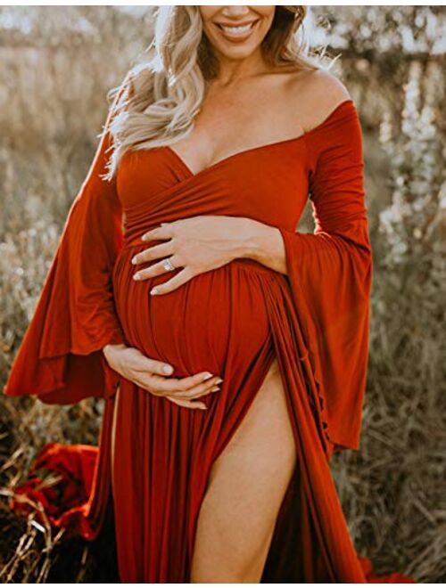 VSNOW Maternity Off Shoulder Long Flare Sleeve Maxi Photography Dress Side Split for Photo Shoot Prop