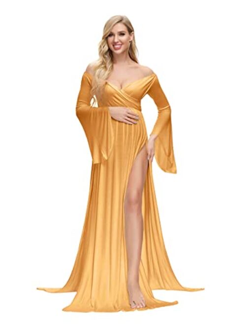 VSNOW Maternity Off Shoulder Long Flare Sleeve Maxi Photography Dress Side Split for Photo Shoot Prop