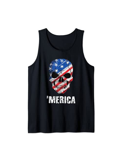 4th Of July Patriotic Store 4th Of July Patriotic 'Merica Skull 4th Of July American Flag Teens Men Women Tank Top