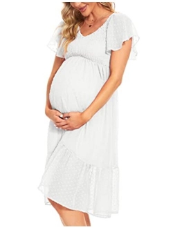 Kim S Swiss Dot Smocked Maternity Dress/V Neck Flutter Sleeve Midi Dress for Baby Shower Wedding Guest Photoshoot