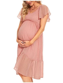 Kim S Swiss Dot Smocked Maternity Dress/V Neck Flutter Sleeve Midi Dress for Baby Shower Wedding Guest Photoshoot