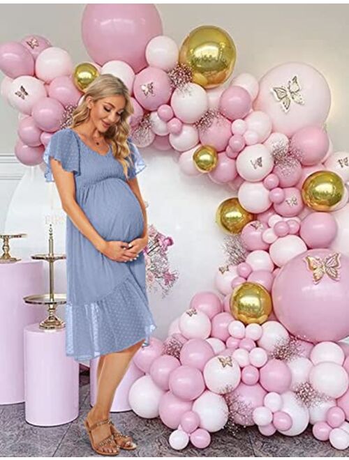 Kim S Swiss Dot Smocked Maternity Dress/V Neck Flutter Sleeve Midi Dress for Baby Shower Wedding Guest Photoshoot