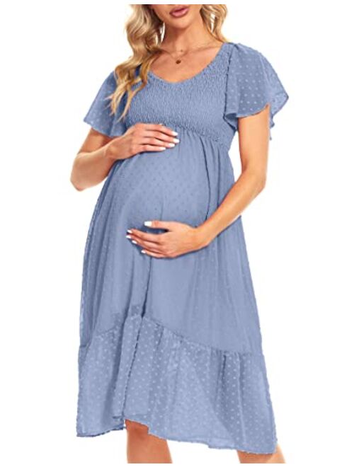 Kim S Swiss Dot Smocked Maternity Dress/V Neck Flutter Sleeve Midi Dress for Baby Shower Wedding Guest Photoshoot