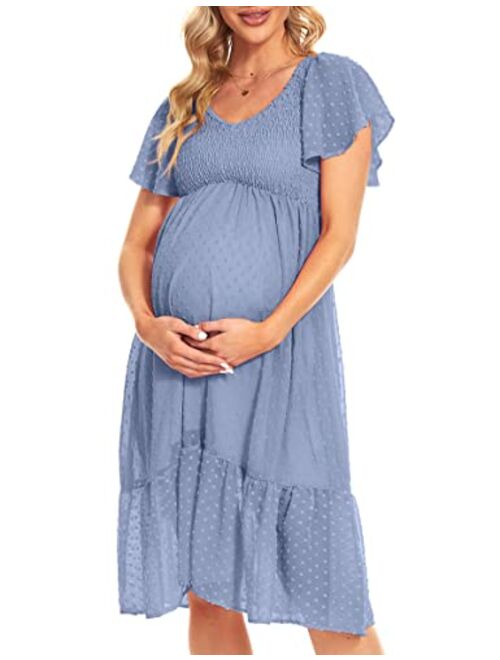 Kim S Swiss Dot Smocked Maternity Dress/V Neck Flutter Sleeve Midi Dress for Baby Shower Wedding Guest Photoshoot