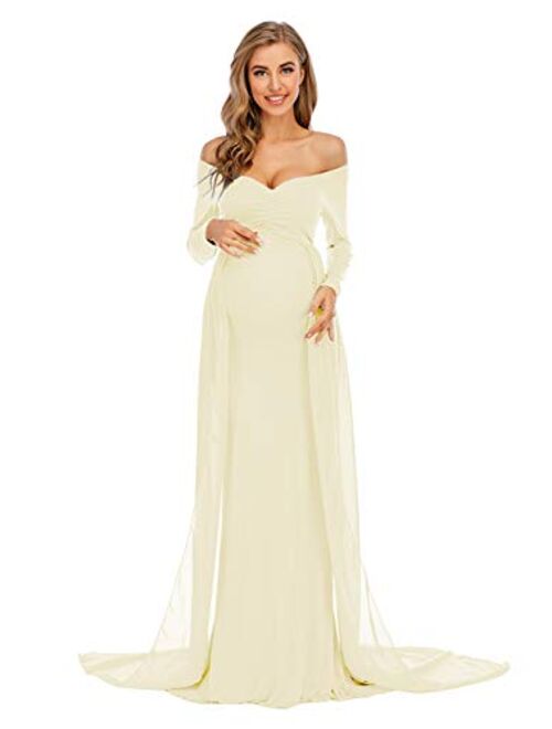 Buy ZIUMUDY Maternity Off Shoulder Long Sleeve Fitted Gown Maxi Chiffon ...