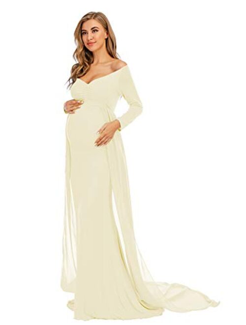 ZIUMUDY Maternity Off Shoulder Long Sleeve Fitted Gown Maxi Chiffon Dress for Photo Shoot Baby Shower