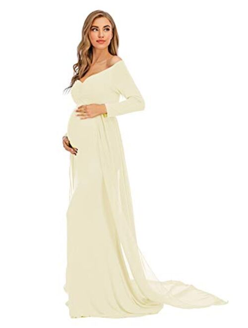 ZIUMUDY Maternity Off Shoulder Long Sleeve Fitted Gown Maxi Chiffon Dress for Photo Shoot Baby Shower