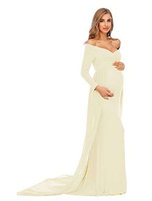 ZIUMUDY Maternity Off Shoulder Long Sleeve Fitted Gown Maxi Chiffon Dress for Photo Shoot Baby Shower