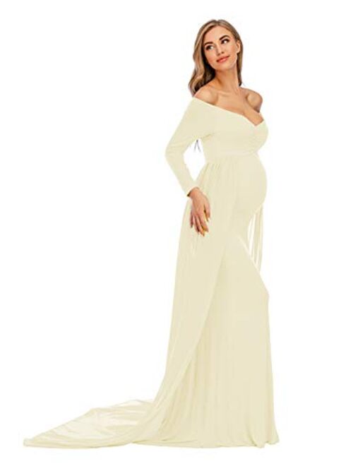 ZIUMUDY Maternity Off Shoulder Long Sleeve Fitted Gown Maxi Chiffon Dress for Photo Shoot Baby Shower