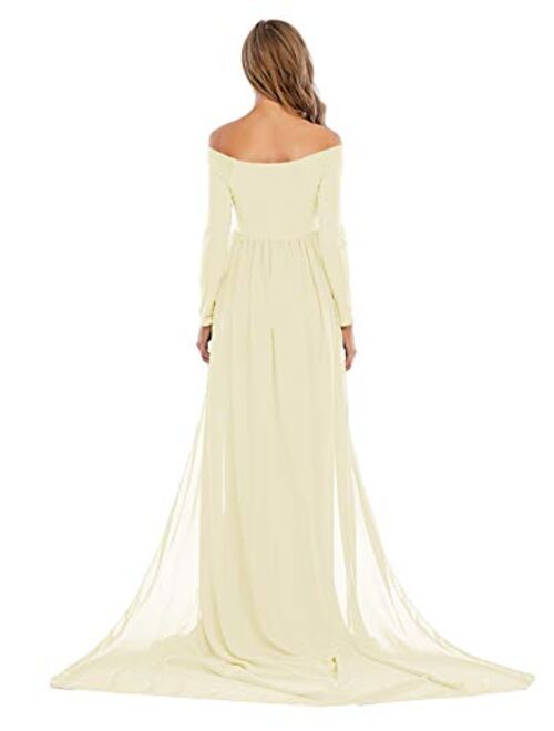 ZIUMUDY Maternity Off Shoulder Long Sleeve Fitted Gown Maxi Chiffon Dress for Photo Shoot Baby Shower