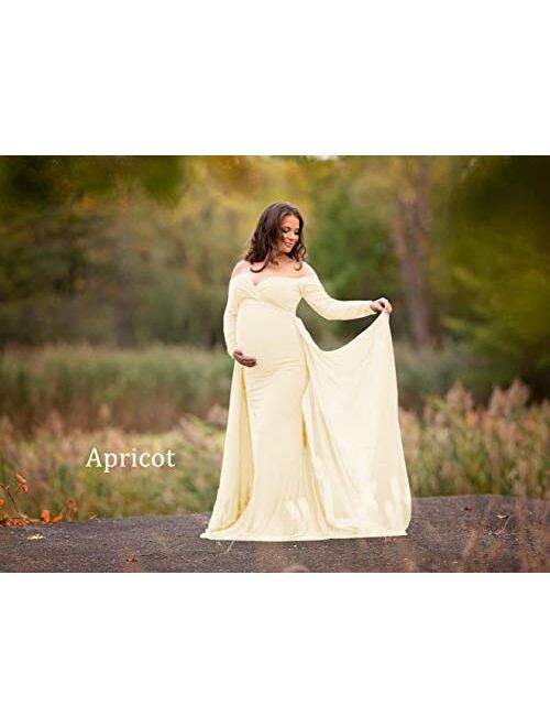 ZIUMUDY Maternity Off Shoulder Long Sleeve Fitted Gown Maxi Chiffon Dress for Photo Shoot Baby Shower