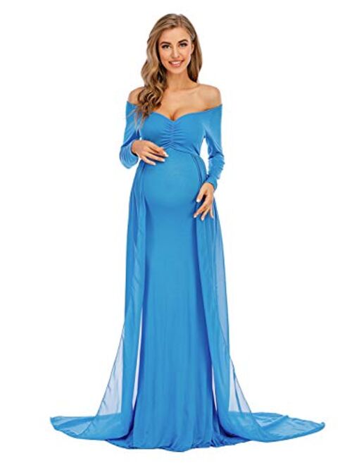 ZIUMUDY Maternity Off Shoulder Long Sleeve Fitted Gown Maxi Chiffon Dress for Photo Shoot Baby Shower