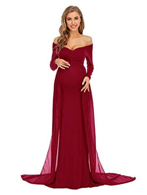 ZIUMUDY Maternity Off Shoulder Long Sleeve Fitted Gown Maxi Chiffon Dress for Photo Shoot Baby Shower