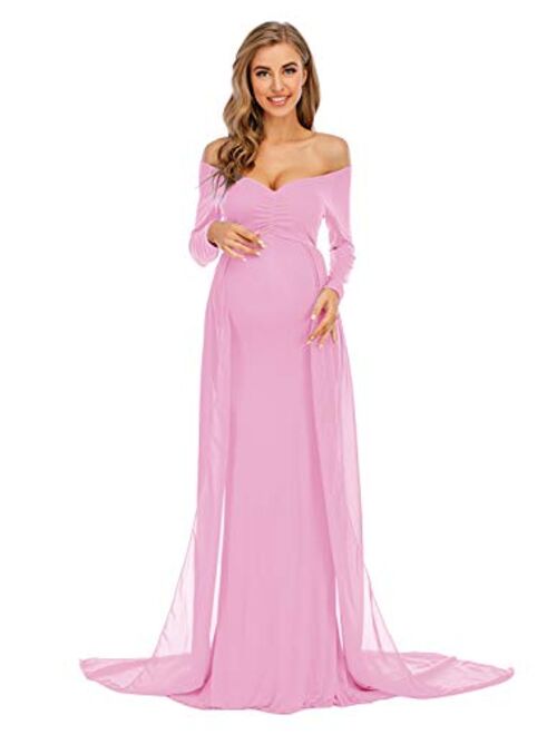 ZIUMUDY Maternity Off Shoulder Long Sleeve Fitted Gown Maxi Chiffon Dress for Photo Shoot Baby Shower