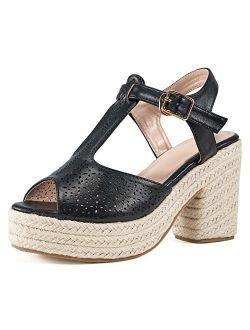 Judxsious Womens Espadrille Platform Wedges Sandals for Casual Summer Lightweight Chunky Heels Peep Toe Pumps T-Strap Slingback Sandalias Para Mujer Elegantes Comfortable