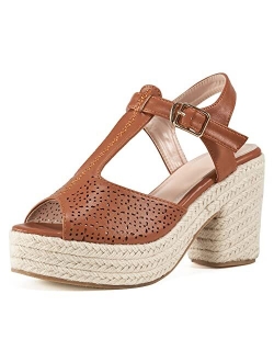 Judxsious Womens Espadrille Platform Wedges Sandals for Casual Summer Lightweight Chunky Heels Peep Toe Pumps T-Strap Slingback Sandalias Para Mujer Elegantes Comfortable