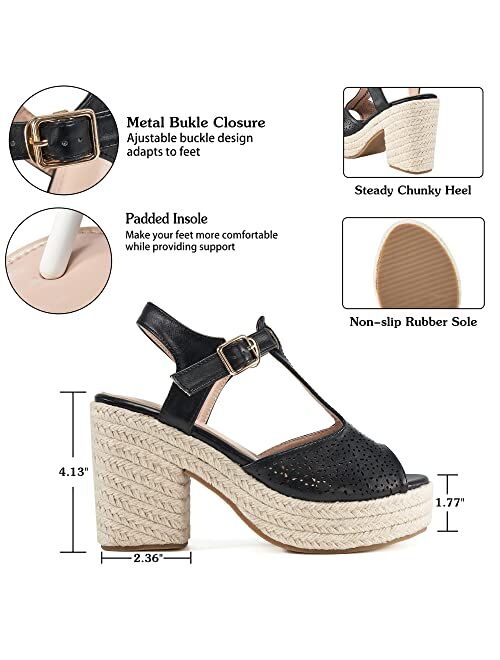 Judxsious Womens Espadrille Platform Wedges Sandals for Casual Summer Lightweight Chunky Heels Peep Toe Pumps T-Strap Slingback Sandalias Para Mujer Elegantes Comfortable