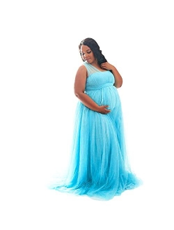 Iwemek Women Off Shoulder Long Sleeve Maternity Dress Tulle Elegant Slim Fit Gown Baby Shower Photography Maxi Dress for Photo Shoot